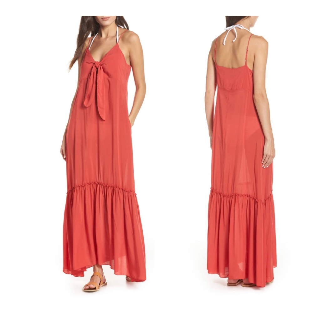 Elan Maxi Cover Up Tie Ruffle Women’s Coral Dress Size Small NWT